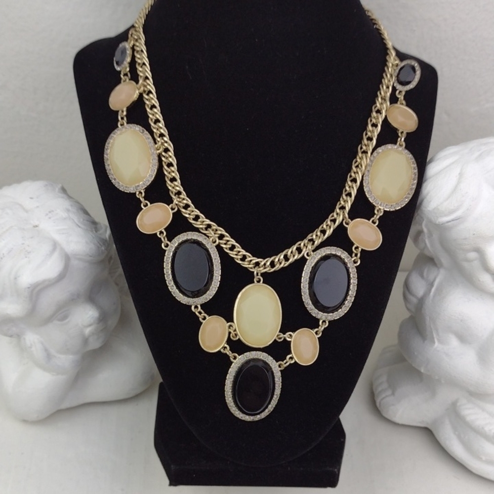 Gold-Tone Black & Cream Multi-Faceted Rhinestone Framed Stone Statement Necklace